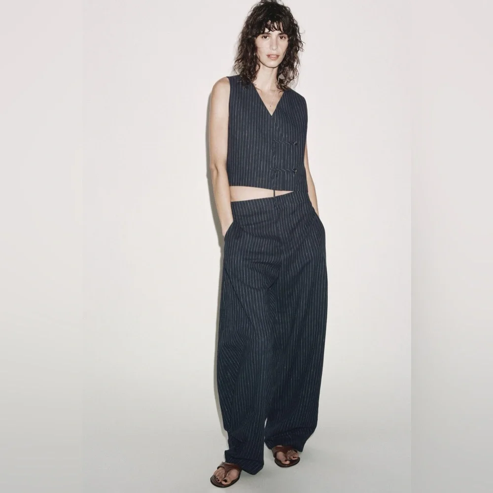 ZARA Balloon Navy Linen Blend Pinstripe Trouser NWT